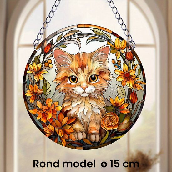 Raamhanger Raamdecoratie Kleine Kitten - Kleurige Zonnevanger Rond Acryl met Ketting - Kat Poes - Suncatcher Rond model 15 cm %%