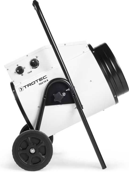 Zijaanzicht van de witte Trotec TDS 75 R kachel met 15 kW bedieningsknoppen.