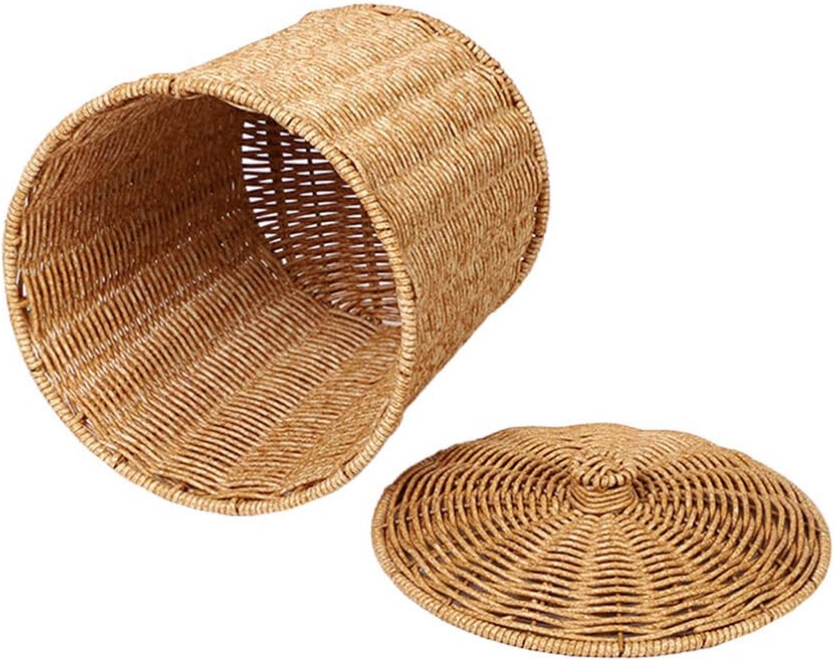 Goedkoopste Vuilnisemmer, gevlochten mand met deksel, prullenmand, vuilnisbak, bloempot, wasmand, bloempot, vaas, mand voor de keuken thuis