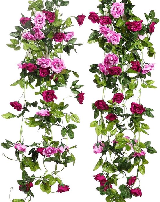2 Pièces Guirlande de Roses Artificielles Bicolores de 240cm de Long, Fleurs en Soie Suspendues, Fleurs Artificielles Extérieures/Intérieures, Mariage et Décoration Murale (Magenta)