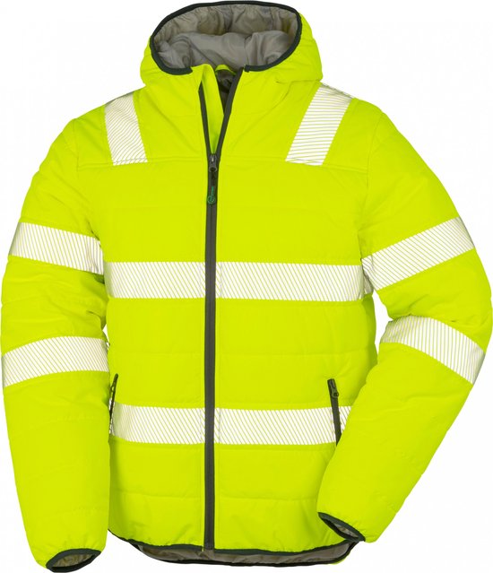 Gevoerde jas in fluorescerend geel met capuchon, rits, ritszakken en reflecterende horizontale en verticale strepen op de voorkant en mouwen.