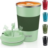 Koffiemok to go, 380 ml, thermobeker, koffiemok, thermo, dubbelwandig, reisbeker, vacuüm-isolatiebeker met lekvrij deksel voor koffie en thee, groen