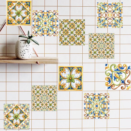 Ulticool Décoration Autocollant carrelages - Folklore Bloem Verte Ornement - Film pour Meubles - 15x15 cm - 15 pièces Film adhésif Autocollants pour carrelage d'armoire de cuisine Autocollants pour meubles - Autocollant - Salle de bain - Cuisine