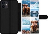 Bookcase Geschikt voor iPhone 12 Mini telefoonhoesje - Schotse hooglander - IJs - Collage - Met vakjes - Wallet case met magneetsluiting