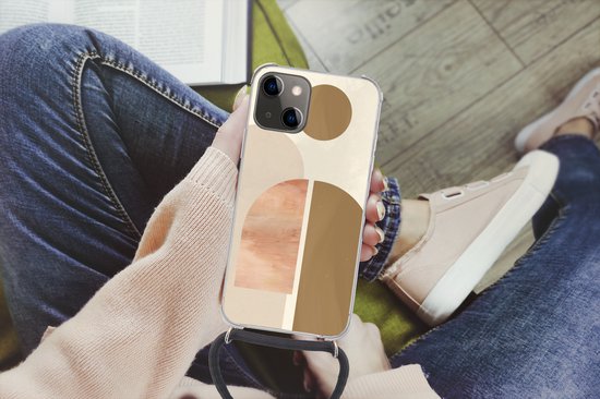 Coque avec cordon Adapté pour iPhone 13 Mini - Rose - Marron - Design - Siliconen - Bandoulière - Coque arrière avec cordon - Coque téléphone avec cordon - Coque avec cordon