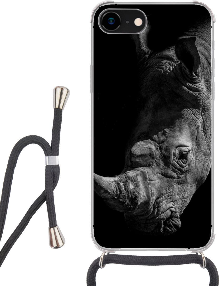 Telefoonhoesje Geschikt voor iPhone SE 2020 - Neushoorn - Wild dier - Portret - Siliconen - Crossbody - Backcover met Koord - Telefoonhoesje met koord - Hoesje met touw Telefoonhoesje