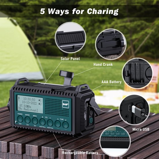 Radio Portable DAB/FM Avec Lampe Torche - Solaire, Manivelle, 5000mAh, Urgence