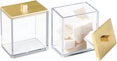 Set van 2: wattenschijfdispenser en wattenstaafjes - vierkante bewaardoos met praktische deksel - badkameraccessoire van kunststof voor cosmetica, Transparant/goudkleurig.
