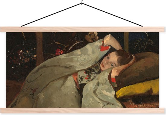 Posterhanger incl. Poster - Schoolplaat - Meisje in witte kimono - Schilderij van George Hendrik Breitner - 150x75 cm - Blanke latten