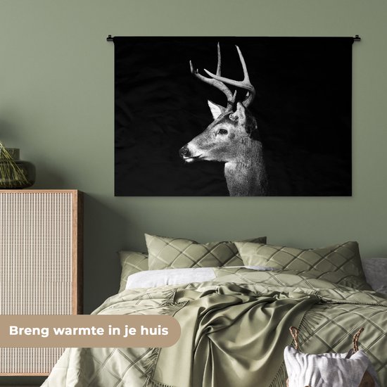 Tapisserie Gros plan Animaux en Zwart- Wit - Cerf de Virginie sur fond noir en noir et blanc Tapisserie en coton 150x100 cm - Tapisserie avec photo