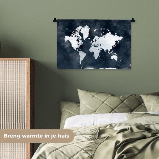 Wandkleed WereldkaartenKerst illustraties - Lichtblauwe en witte wereldkaart voor een achtergrond van donkerblauwe waterverf Wandkleed katoen 60x40 cm - Wandtapijt met foto