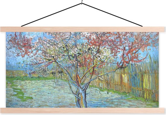 Posterhanger incl. Poster - Schoolplaat - De roze perzikboom - Vincent van Gogh - 150x75 cm - Blanke latten