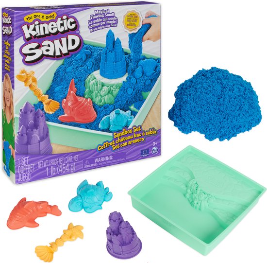 Kinetic Sand - Zandbak-set met 454 g blauw speelzand opbergzandbak 4 vormen en gereedschap - Sensorisch speelgoed - Kinetic Sand