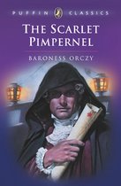 Boekomslag van 'The Scarlet Pimpernel' door Baroness Orczy, met een man in een cape en met een rol perkament.