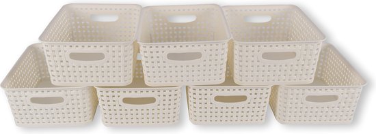 Set van 7 Opbergmand Rattan 5L | Met Handvatten – 25,5cm x 19,5cm x 10,5cm | Voor de Kast, Keuken, Garage, Lades en Woonkamer