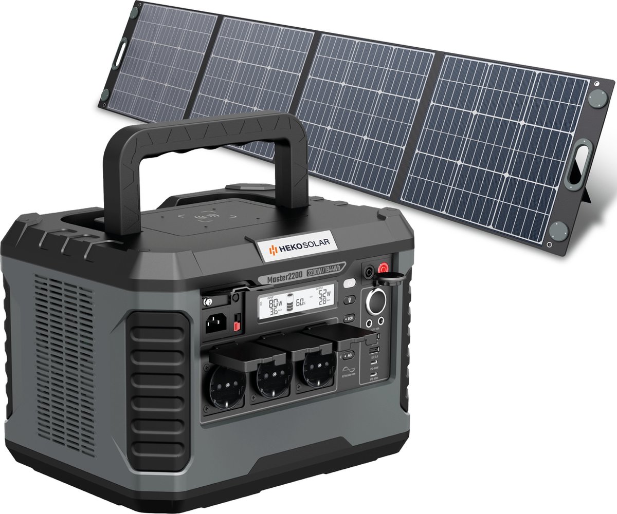 Heko Solar® Master 2200 + Unfold 200 - Powerstation met Zonnepaneel - 2200W (4400W Piek) - 1944Wh Capaciteit - 200W Zonnepaneel - Draagbaar - Generator - Voor Noodpakket, Stroomuitval, Kamperen en Outdoor