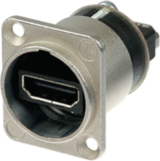 Neutrik HDMI 1.3 feedthrough adapter met D-vormige behuizing, zilverkleurig metaal.