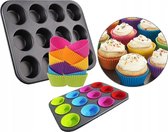 Muffin Bakvorm - Non Stick - Koolstaal - Herbruikbaar - Met 12 Cupcake Vormpjes - Incl. Papieren vormpjes - LOUZIR