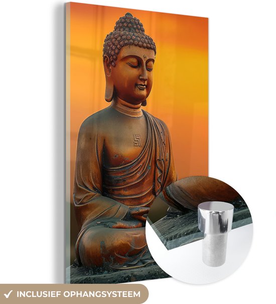 MuchoWow® Glasschilderij 20x30 cm - Schilderij acrylglas - Boeddha - Beeld - Zonsondergang - Buddha - Zen - Japan - Foto op glas - Muurdecoratie woonkamer - Wanddecoratie slaapkamer - Schilderijen