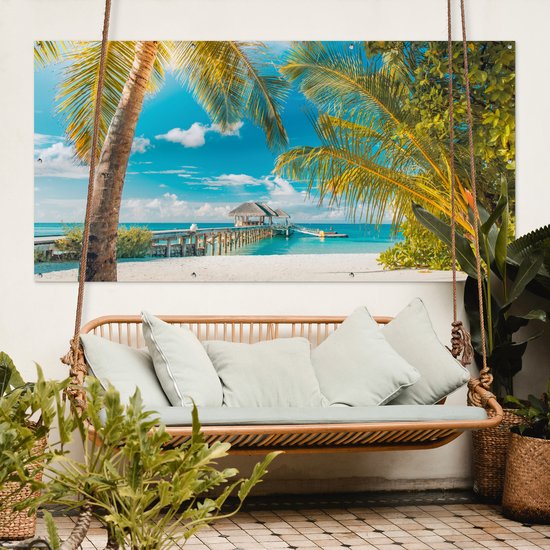 Affiche pour clôture Plage - Palmier - Mer - 200x100 cm - Toile de jardin