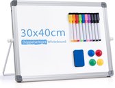 Whiteboard, magnetisch, 40 x 30 cm, klein afwasbaar whiteboard met standaard, dubbelzijdig bureau-magneetbord voor thuis, school, thuis