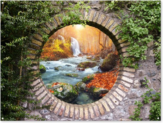 Affiche de jardin - Cascade - Nature - Feuilles - Forêt - Vue - Peinture de jardin - 160x120 cm - Jardin- Toile de jardin