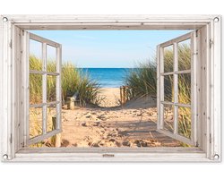 Tuinposter doorkijk raam - Tuindecoratie strand en duinen - 90x60 cm - Tuinschilderij voor buiten natuur - Tuindoek zee - Wanddecoratie tuin - Schuttingdoek - Balkon decoratie - Muurdecoratie - Buitenschilderij schutting