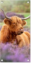 Tuinposter Schotse hooglander - Bloemen - Licht - 30x60 cm - Tuindoek - Buitenposter
