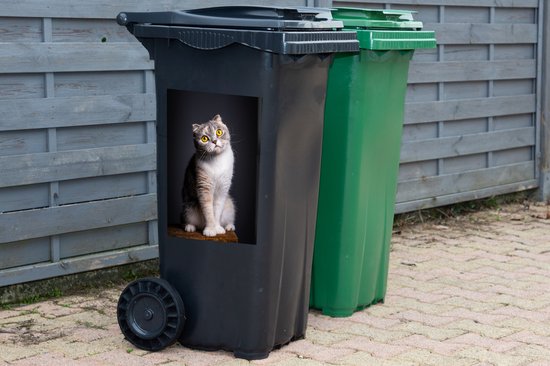 Autocollant conteneur Animaux sur fond noir - Oreille de chat pliante sur fond noir - 40x60 cm - Autocollant poubelle à roulettes - Autocollant conteneur résistant aux intempéries