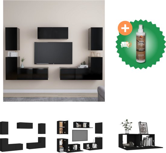 vidaXL 7-delige Tv-meubelset spaanplaat zwart - Kast - Inclusief Houtreiniger en verfrisser