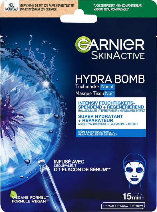 Foto: Garnier skinactive hydra bomb tissue nacht masker met korenbloem 1 stuk