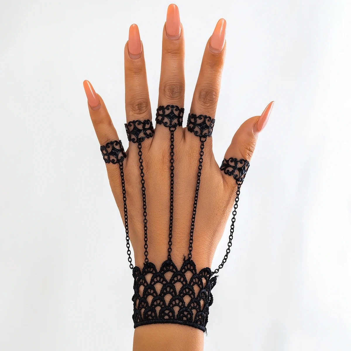 WiseGoods Luxe Hand Armband - Armbanden Dames - Vintage Armbandje - Gothic Armbandjes Met Ringen - Sieraden - Cadeau - Zwart