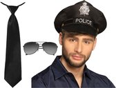 Carnaval verkleedkleding set - politiepet - spiegel zonnebril en stropdas - zwart - heren/dames