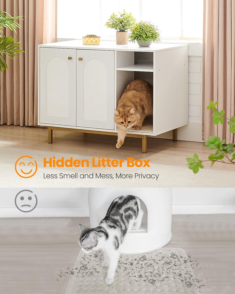 Hzuaneri Kattenbak met deur, houten bijzettafel voor het huis van je huisdier, 80 x 55 x 70 cm, stabiele kattenkast, wit en goud CB85003G Hzuaneri Kattenbak met deur, houten bijzettafel voor het huis van je huisdier, 80 x 55 x 70 cm, stabiele kattenkast, wit en goud CB85003G