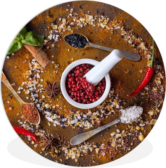 WallCircle - Cercle mural - Cercle mural d'intérieur - Mortier - Herbes - Cuillères - Épices - Marron - Poivre - 120x120 cm - Décoration murale - Peintures ronds XXL