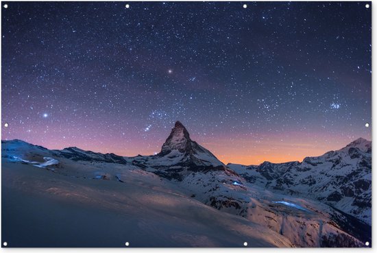 Muurdecoratie Alpen - Sterrenhemel - Sneeuw - 180x120 cm - Tuinposter - Tuindoek - Buitenposter