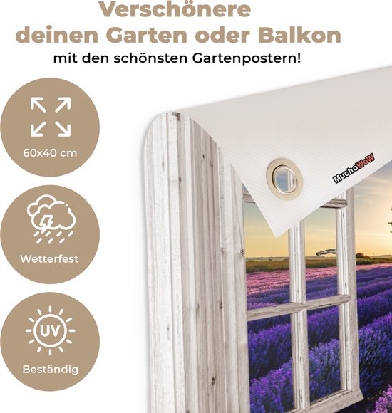 Poster de jardin Look-through - Lavande - Arbre - Fenêtre - Coucher de soleil - 60x40 cm