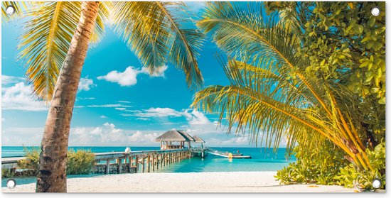 Tuinposter Strand - Palmboom - Zee - 80x40 cm - Wanddecoratie Buiten - Tuinposter - Tuindoek - Schuttingposter - Tuinschilderij