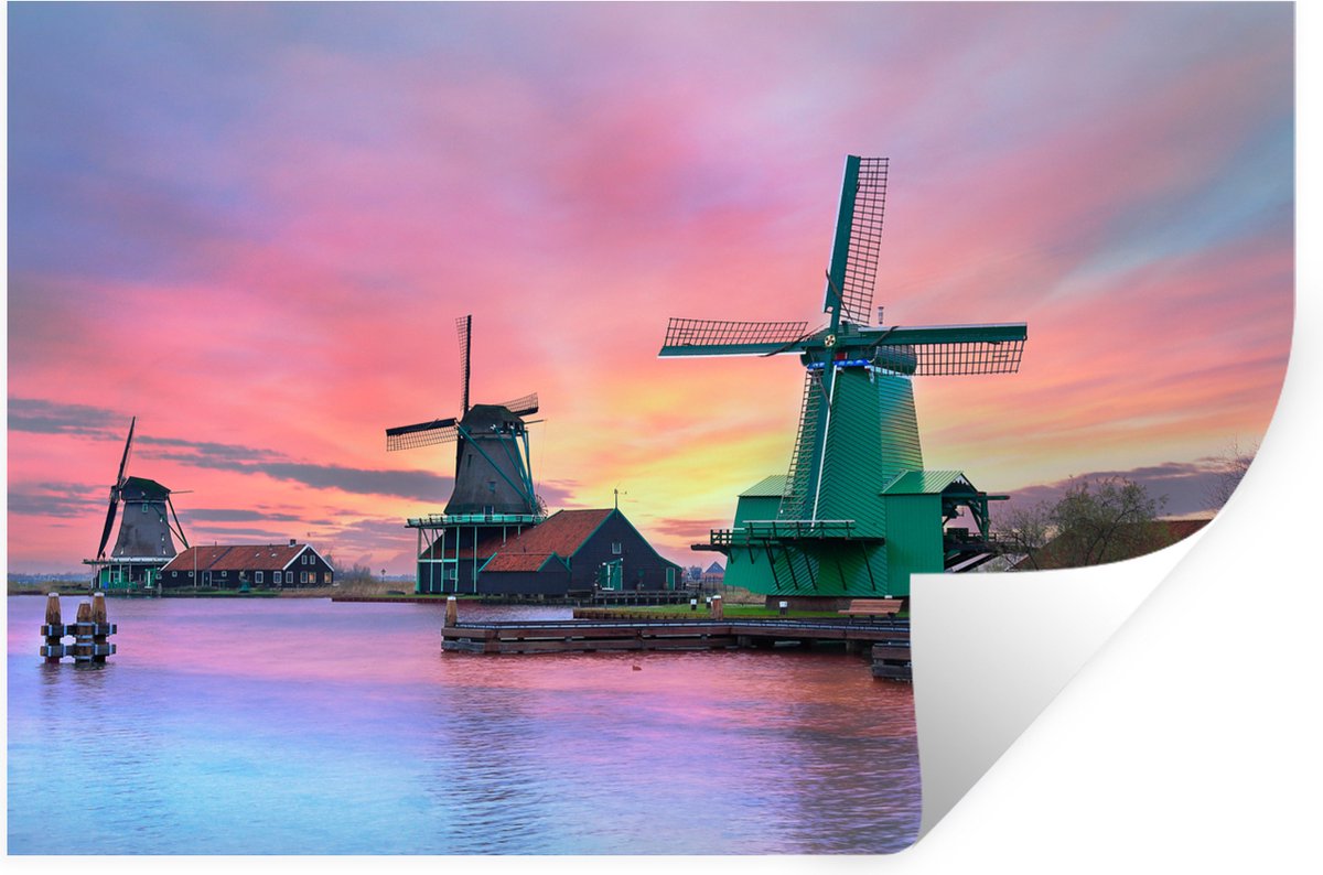 Muurstickers - Sticker Folie - Windmolens met paarse lucht in Nederland - 60x40 cm - Plakf