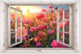 Tuinposter doorkijk bloemen - Wit raam - Tuindecoratie roze rozen - 180x120 cm - Poster voor in de tuin - Buiten decoratie - Schutting tuinschilderij - Tuindoek muurdecoratie - Wanddecoratie balkondoek