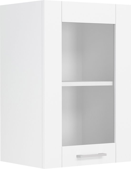 Armoire de cuisine blanche avec porte vitrée et deux étagères ouvertes.