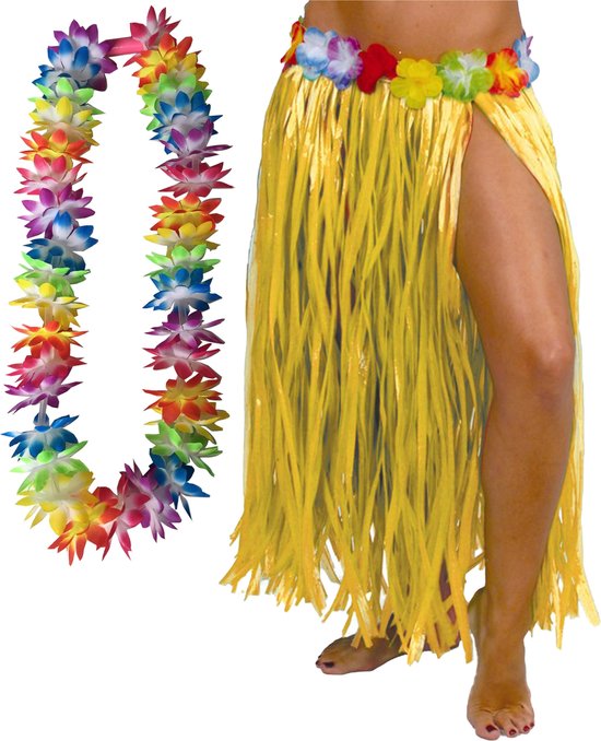 Toppers in concert - Hawaii verkleed hoela rokje en bloemenkrans met led - volwassenen - geel - tropisch themafeest