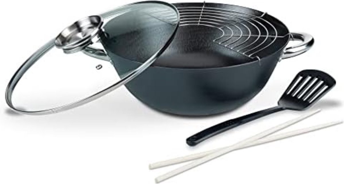 Multifunctionele Gietijzeren Wok met Glazen Deksel - 32 cm, 5-delig, 6,2 Liter