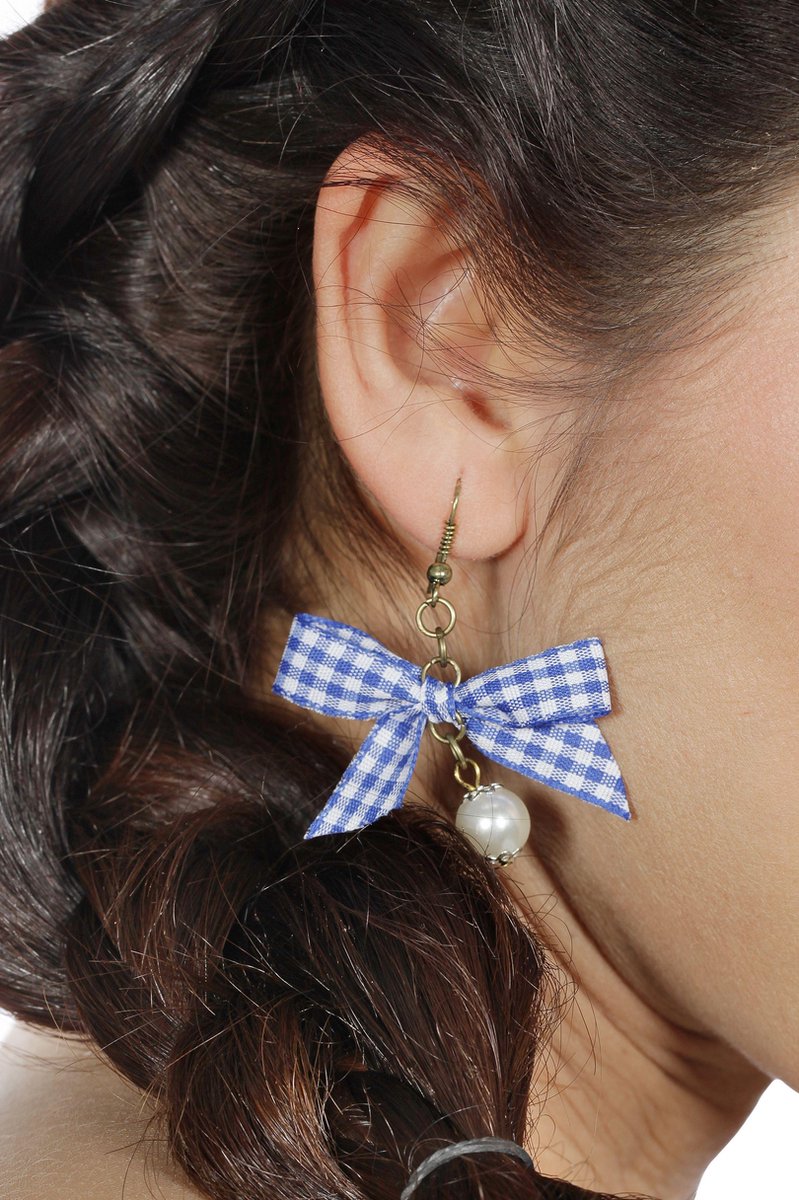 Oorbellen Dirndl Parel Met Geruit Strikje Blauw