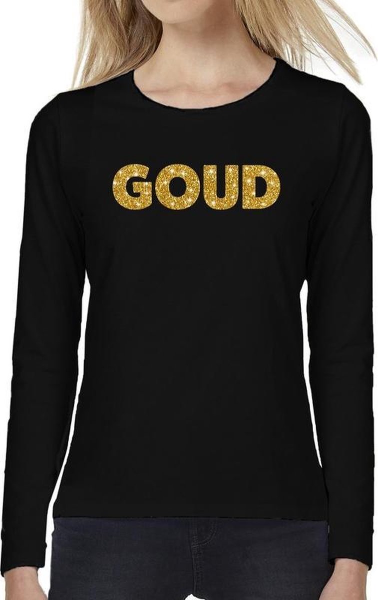 GOUD glitter tekst t-shirt long sleeve zwart voor dames- zwart shirt met  lange mouwen... | bol.com