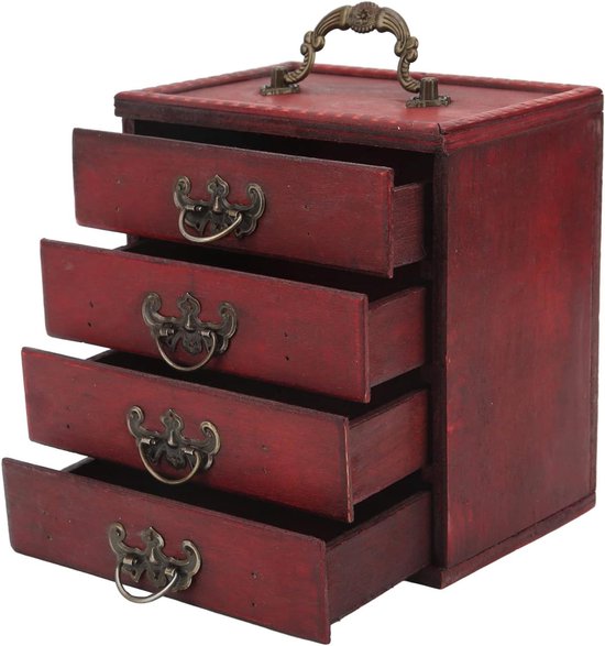 Allecto Plus - Houten juwelendoos met Chinese stijl en 4 lagen lade - Retro sieradenorganizer voor vrouwen met grote capaciteit.