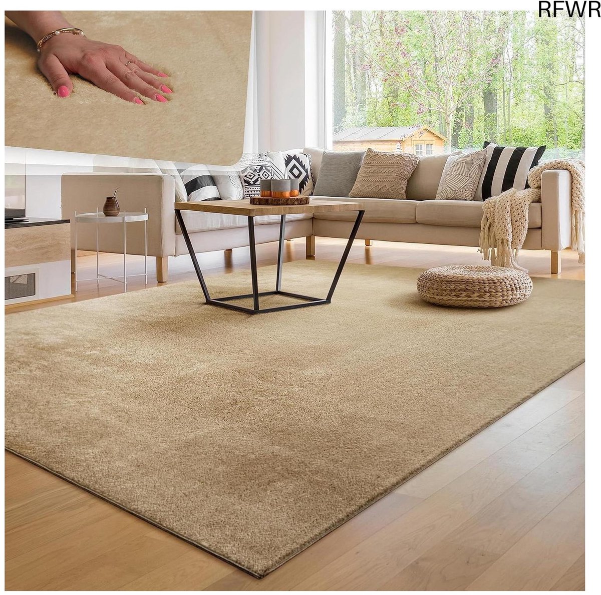 RFWR® Moderne Zachte Woonkamer Tapijt Wasbaar Fluffy Uni Effect Tijdloos Elegant Antislip Makkelijk te Onderhouden 120x170 cm Beige