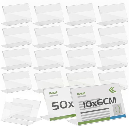 QWORK® 10-pack 10x6 cm acryl tafelbladbordhouder, 2 mm verdikte dakvorm Dubbelzijdig tafelbladdisplay voor naamplaatje en prijskaartje