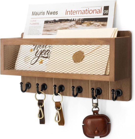 Sleutelrek met plank en 6 haken - vintage wandrek - voor entree en hal