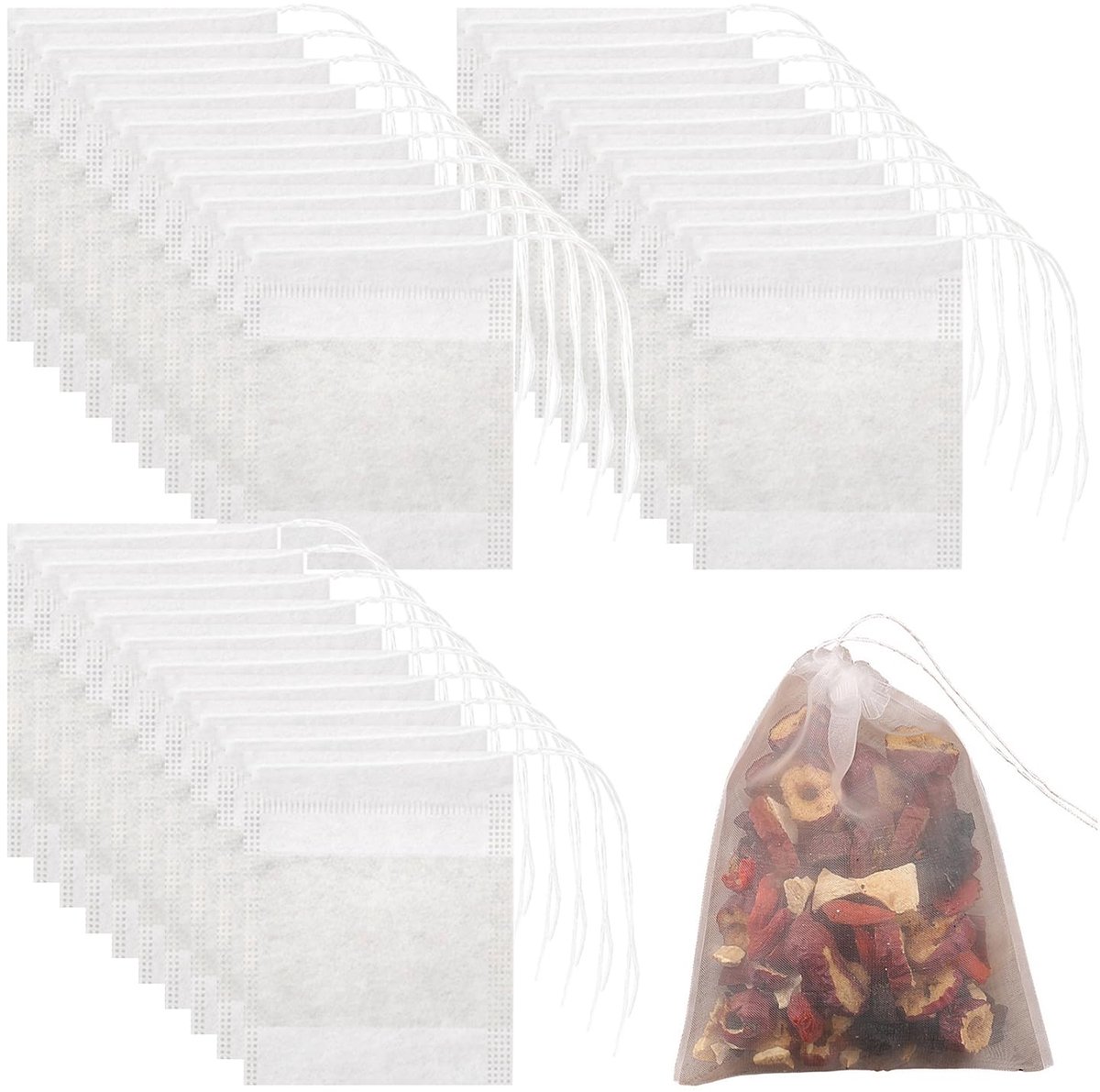 Herbruikbare thee-infusers - Lege theefilterzakken met trekkoord - 100 stuks - Niet-geweven - 9x10cm